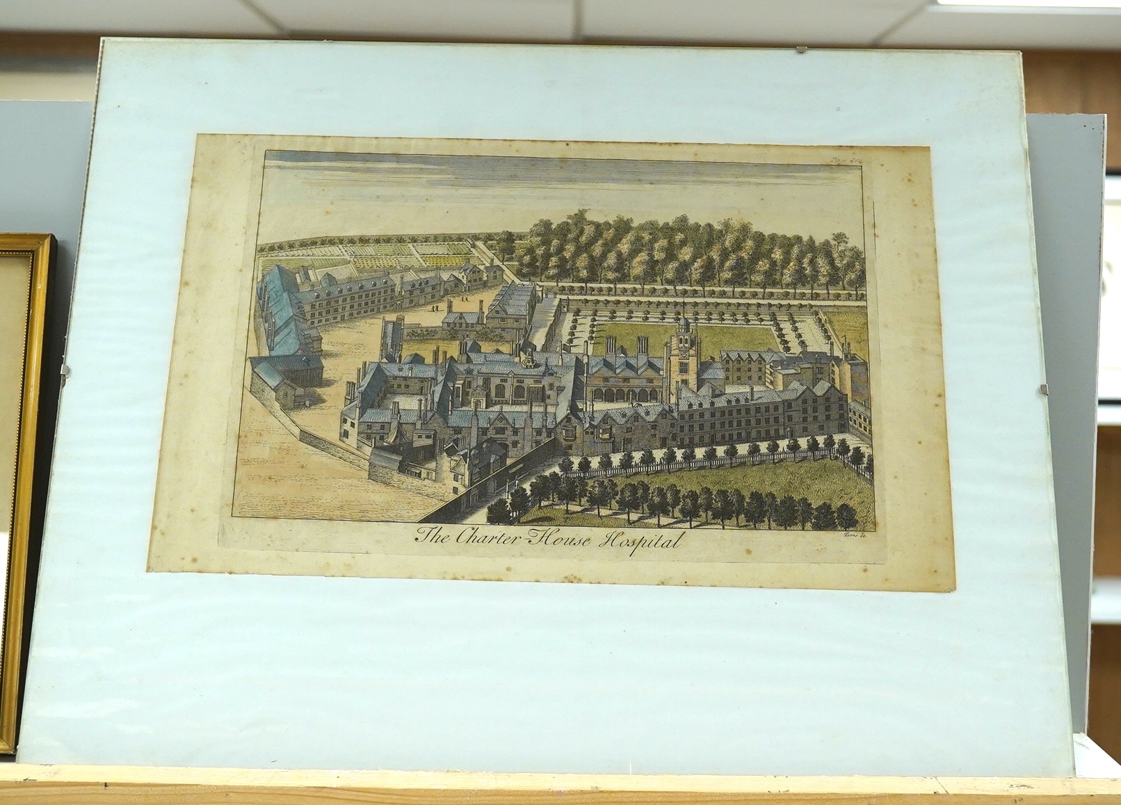 After William Henry Toms (1700–1765), coloured engraving, ‘The Charterhouse Hospital’, 24 x 40cm. Condition - poor